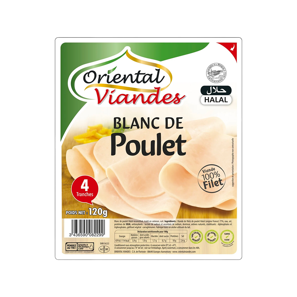 BLANC DE POULET ORIENTAL VIANDES 4 TRANCHES - 120GR
